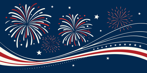 Fourth of July vector background with red white blue fireworks, USA flag border, festive patriotic celebration design.