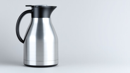 Stainless steel thermos jug with black handle, modern insulated container for hot or cold beverages on white background