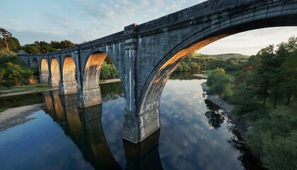 Ancient Stone Arch Bridge Spanning a Serene River at Sunset with Warm Light Reflecting on Water.
