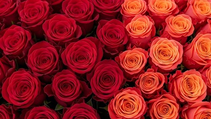 A close-up view of a beautiful bouquet of red and orange roses