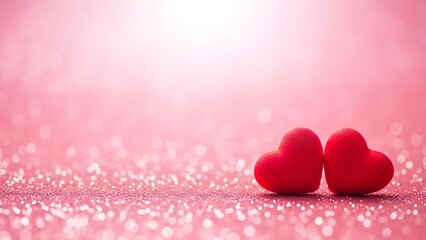 Two red hearts on a pink glitter background with bokeh effect