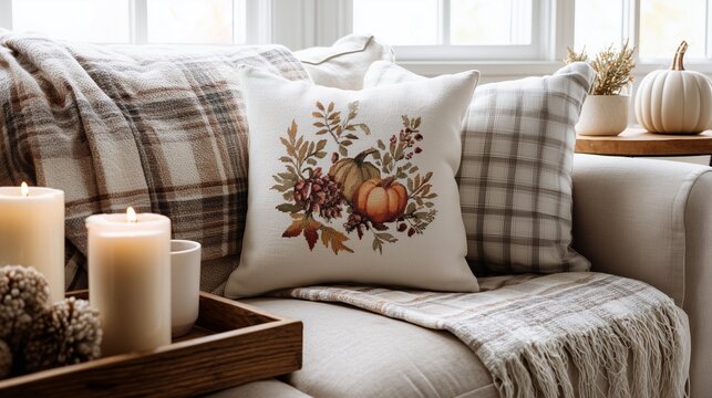 Decorative pillow with embroidered autumn winter ornament, seasonal home decor