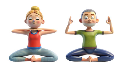 Cartoon couple in meditative yoga poses on black background
