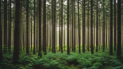 Obraz premium Dense Green Forest with Tall Trees and Lush Fern Undergrowth