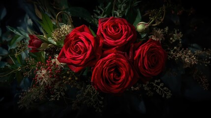 Vibrant red roses in dark bouquet