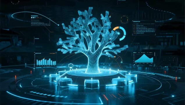 Futuristic digital tree with data displays