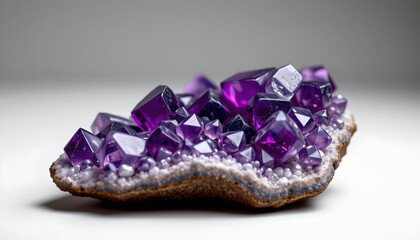 An unusual display of amethyst crystals, set against a contrasting purple and white patterned background, presented as a unique decorative piece that merges organic and geometric shapes.