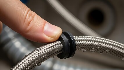 Close-up of a finger adjusting a rubber gasket on a flexible metal hose
