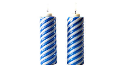 Two blue and white striped birthday candles with flames