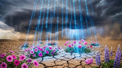 Glowing binary code rain falling on a desert landscape causing vibrant flowers to bloom, a metaphor for digital transformation revitalizing an industry.