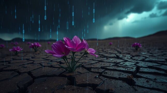 Glowing binary code rain falling on a desert landscape causing vibrant flowers to bloom, a metaphor for digital transformation revitalizing an industry.