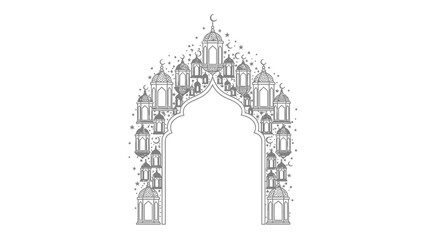 Fototapeta premium Elegant Islamic Arch Design with Lanterns and Crescent Moons in Outline Style