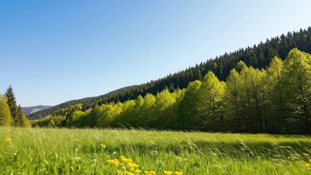 Lush Spring Meadow  Forest with Sunlit Hills, and Vibrant Green Nature Escape.