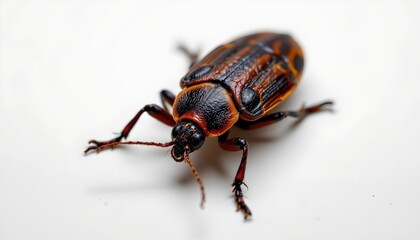 A close up view of an insect with vibrant colors, likely a beetle, against a neutral background.