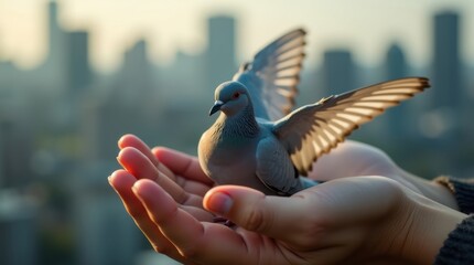 Hand holding pigeon in cityscape