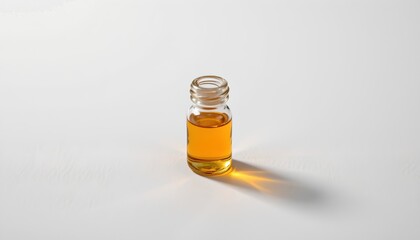 An empty glass bottle of oil, which appears to be a sunflower seed oil, set against a white background with a subtle shadow cast below it
