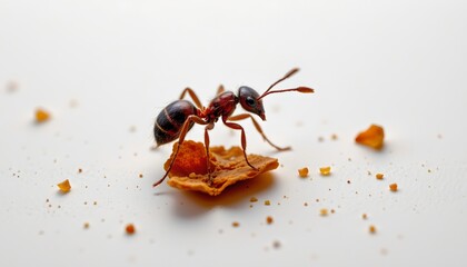 A close up scene featuring an ant on a table with crumbs scattered around.