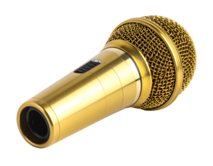 A close-up shot of a golden microphone against a stark black background. It appears shiny with a detailed mesh head