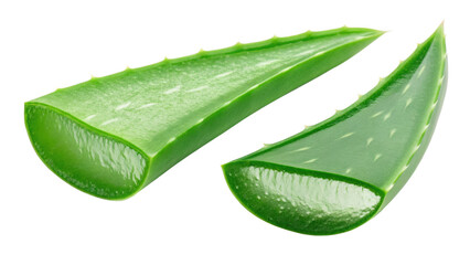 Two green aloe vera leaves isolated on black background