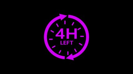 24 hours clock with circle arrow and the numbers 4 Hour left. video animation on alpha channel background, Clock timer, time timekeeping, chronometer, tick, countdown timer, 