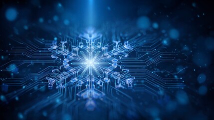 A digital rendering depicting a glowing, intricate snowflake constructed from circuit board lines and tiny, twinkling particles. The design radiates light