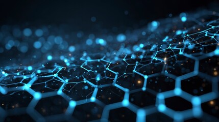A digital rendering features a network of interconnected hexagonal shapes in shades of blue and gold. The futuristic pattern glows