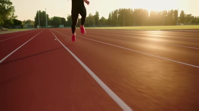 A runner sprints toward the camera on a track at sunrise
