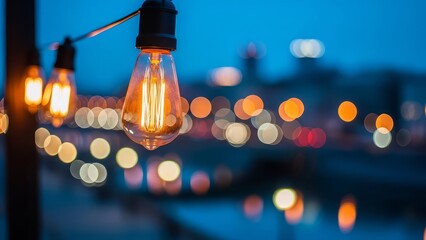 Close Up of Glowing Vintage Edison Light Bulb Hanging Outdoors with Soft Blurred City Lights in the Background at Night