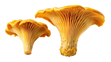 Two golden chanterelle mushrooms on a png background