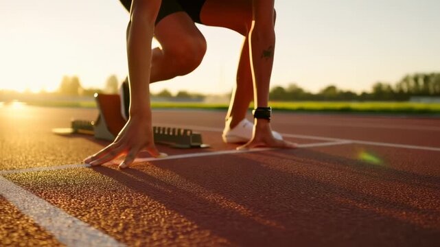A sprinter in starting blocks, sunlit track. Legs ready to launch