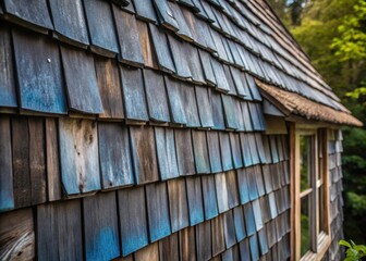 Naklejka premium Here is the generated output Weathered blue shingles add character to a rustic exterior wall