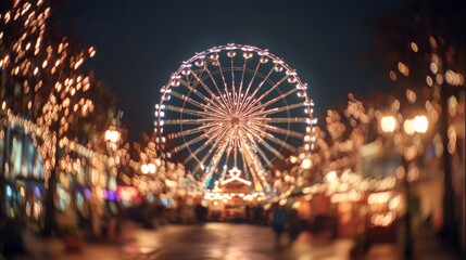 A festive Ferris wheel dominates a blurred night scene, framed by glowing lights and stalls, creating a warm, celebratory atmosphere