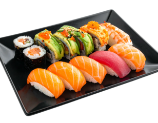 A close-up shot of a black rectangular plate filled with various sushi rolls and nigiri pieces. Ingredients like salmon, tuna, shrimp and avocado