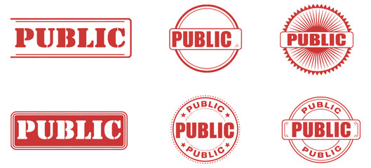 Public text rubber stamp set featuring circle and rectangle shapes with grunge weathered textures for official document verification and business office paperwork vector illustration.