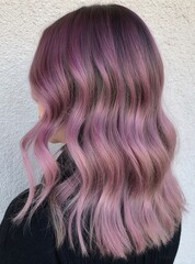 Fototapeta premium Soft Lavender to Pink Ombre Waves, Back View of Trendy Pastel Hair for Beauty, Salon & Fashion Content