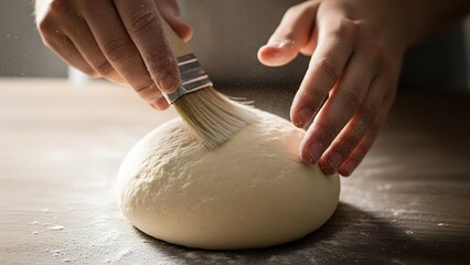 Gentle hands brushing fresh dough, an artisanal baking preparation view