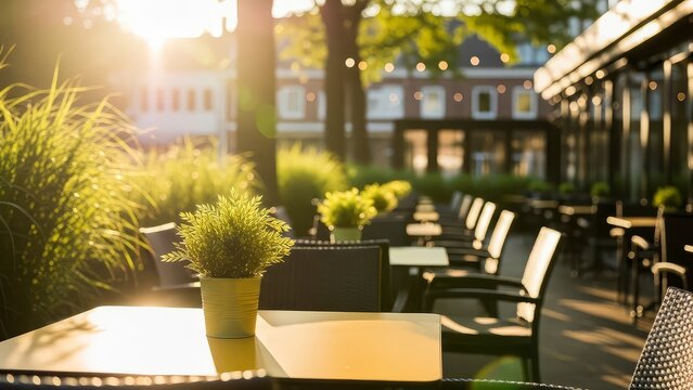 Sunlit restaurant patio with green plants and modern furniture during a peaceful afternoon, ideal for travel and lifestyle concepts
