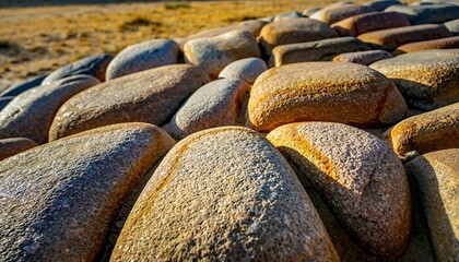 Close-up of a natural stone wall with various sized rocks in warm sunlight.