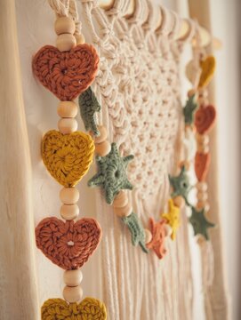 Handmade Macrame Wall Hanging with Crocheted Hearts and Stars, Boho Home Decor for Cozy, Romantic Interiors