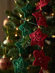 Handmade Crocheted Red and Green Star Garland on Christmas Tree with Warm Fairy Lights &mdash; Cozy Holiday Decor & Festive Seasonal Design