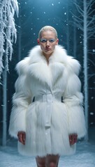 Elegant Woman in Luxurious White Fur Coat Standing in Snowy Winter Forest &mdash; High Fashion, Luxury Lifestyle & Holiday Campaign Visual