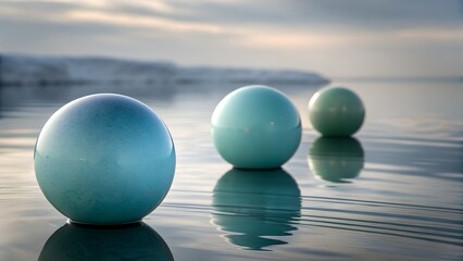 Glowing blue spheres on calm water surface at sunset