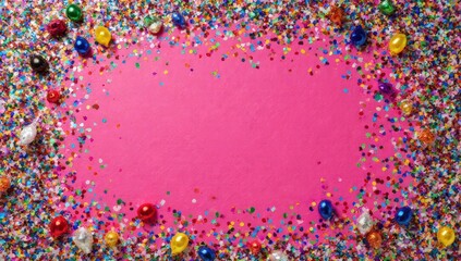 Vibrant Pink Background Framed by Colorful Sprinkles and Candy Beads &mdash; Festive, Playful Design for Birthdays, Celebrations & Sweet Branding