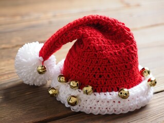 Handmade Crocheted Santa Hat with Golden Bells and Fluffy Pom-Pom on Rustic Wooden Background &mdash; Festive Holiday Decor & Christmas Marketing Visual