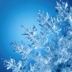 Macro Close-Up of Delicate Ice Crystals and Snowflake Branches on Vibrant Blue Background, Ideal for Winter, Holiday, and Scientific Design Projects