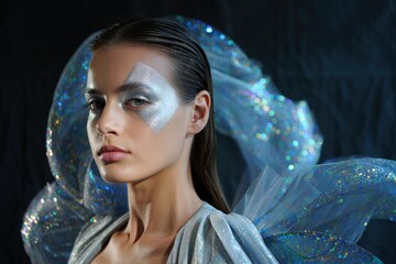 Mystical Fairy Woman with Iridescent Wings and Ethereal Glow, Fantasy Beauty Portrait for Magical Themes and Creative Design