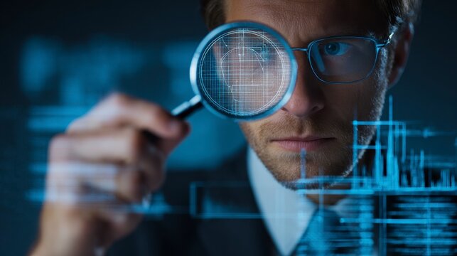 A focused individual wearing glasses uses a magnifying glass to examine a complex, digital visual. The subject's face is lit with a thoughtful expression