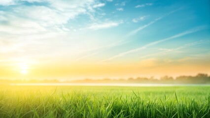 Serene green field at sunrise with bright blue sky