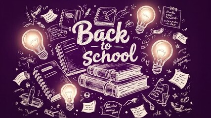 Artistic illustration of "Back to School" with books, lightbulbs, and notes on a dark background - Powered by Adobe