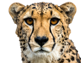 A close-up portrait of a big cat showcasing its spotted coat, round ears, and intense, amber-colored eyes, isolated on a black background
